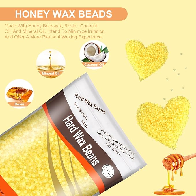 Hair Removal Wax Beads for Brazilian Waxing, Sensitive Skin - Face, Eyebrow, Legs At Home - 300g (10 Oz) with 10 Pearl Wax Sticks (Honey)-Velvo Beauty