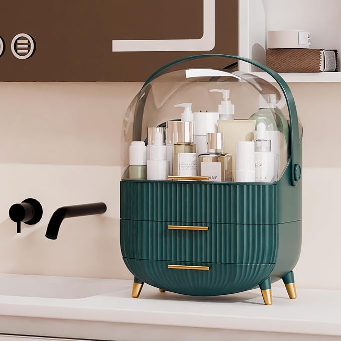 Makeup Organizers and Storage Make up Organizer for Vanity Cosmetics Skincare With Lid and Drawers Display Cases for Countertop Bathroom Women Teenager Girl Gifts(Dark Green)-Velvo Beauty