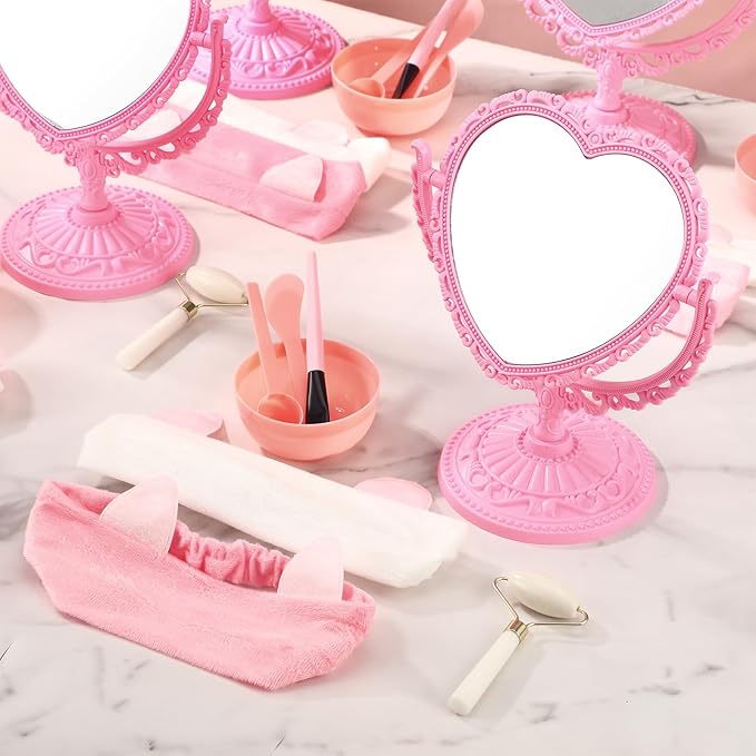 8 Set Spa Party Supplies for Girls Including 8 Heart Shaped Stand Mirrors 8 Jade Roller for Face 8 Face Brushes Kit 8 Face Mask Mixing Bowl 8 Headband for Sleepover Birthday Party Favors-Velvo Beauty