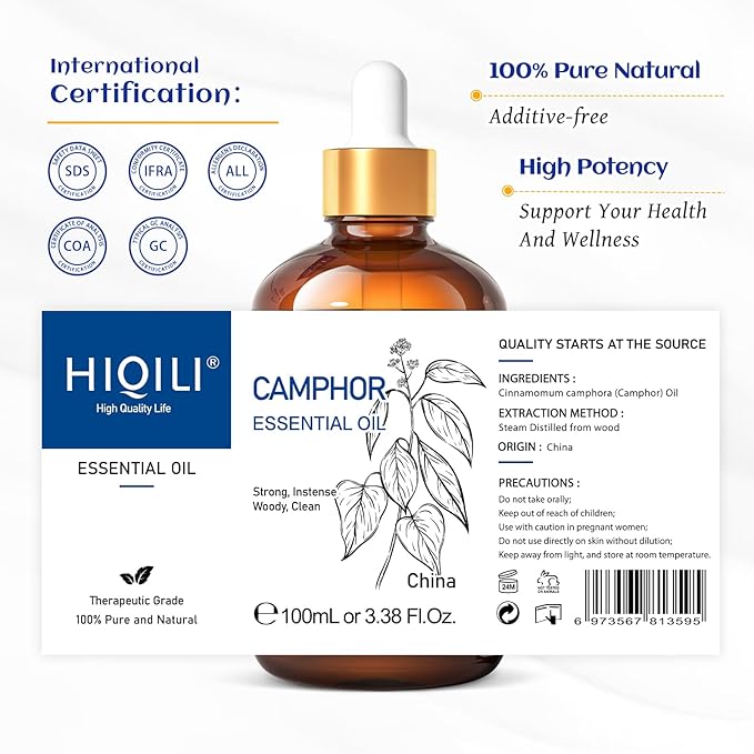 HIQILI 100ML Camphor Essential Oil Pure, 100% Undiluted for Skin, Diffuser, Aromatherapy - 3.38 Fl Oz-Velvo Beauty