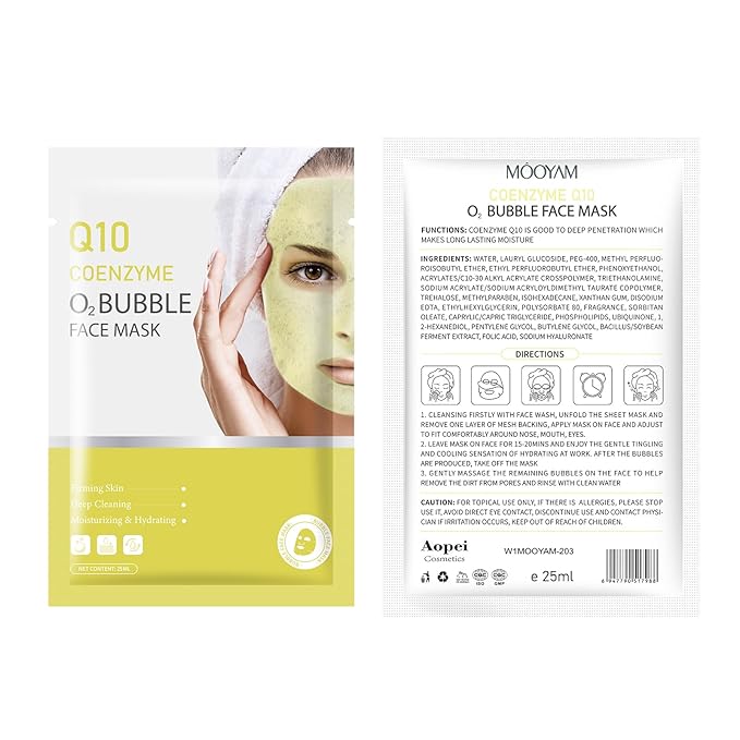 10 Sheets Coenzyme Q10 O2 Bubble Masks for Face, Bubble Face Mask Skincare for All Skin Types, Deep Cleansing Moisturizing Facial Mask Skin Care for Pores, Firming, Purifying, Sheet Masks for Spa-Velvo Beauty