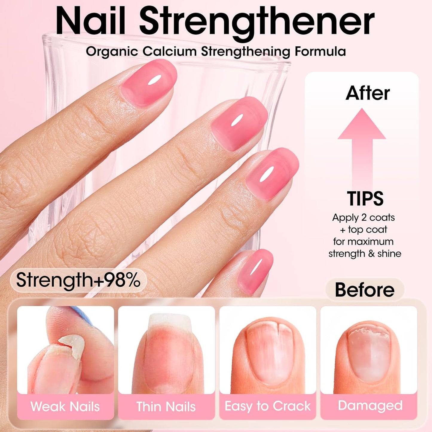 Gellen 4‑in‑1 Clear Nail Polish Base Coat Sheer Tinted Red, Ridge Filler, Nail Strengthener & Concealer, Calcium Formula Strengthens Nails, Natural Color Enhances Natural Look, No HEMA, Anti-yellowing-Velvo Beauty