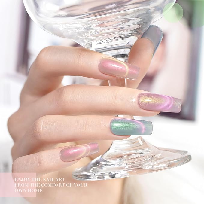 RARJSM Aurora Pearl Cat Eye Gel Nail Polish Set 6pcs Ceramic Silver Shimmer Universal Pink Green Blue Purple Orange Glitter Mermaid Swirl Shell Thread Effect with Magnet Stick Curing Requires-Velvo Beauty