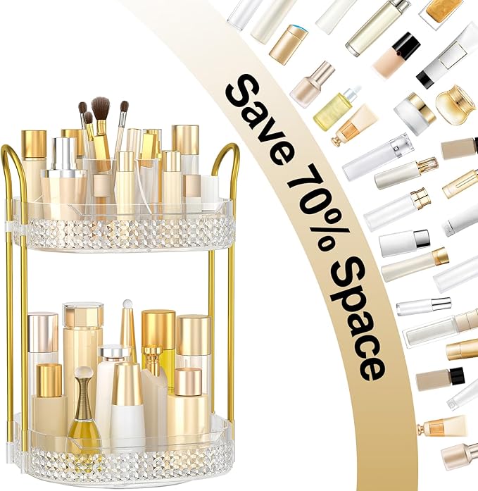 360 Rotating Makeup Organizer 2 Tier, Large Skincare Clear Make Up Storage Spinning Perfume Organizers for Bathroom Counter Dresser, White-Velvo Beauty