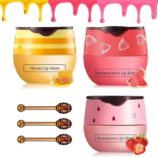 3 Pcs Bee Lip Balm Honey Pot,Honey&Strawberry&Watermelon Lip Sleeping Mask Hydrating Prevention Dry and Cracked Lip Scrubs Exfoliator Lip Care,Lip Mask Overnight Reduces Lip Lines-Velvo Beauty