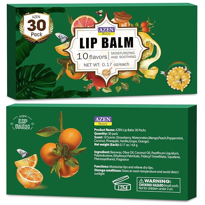 AZEN 30 Pack Lip Balm, Natural Lip Balm Bulk, Lip Care Product, Moisturizing Lip Balm for dry cracked lips - 10 Flavors-Velvo Beauty