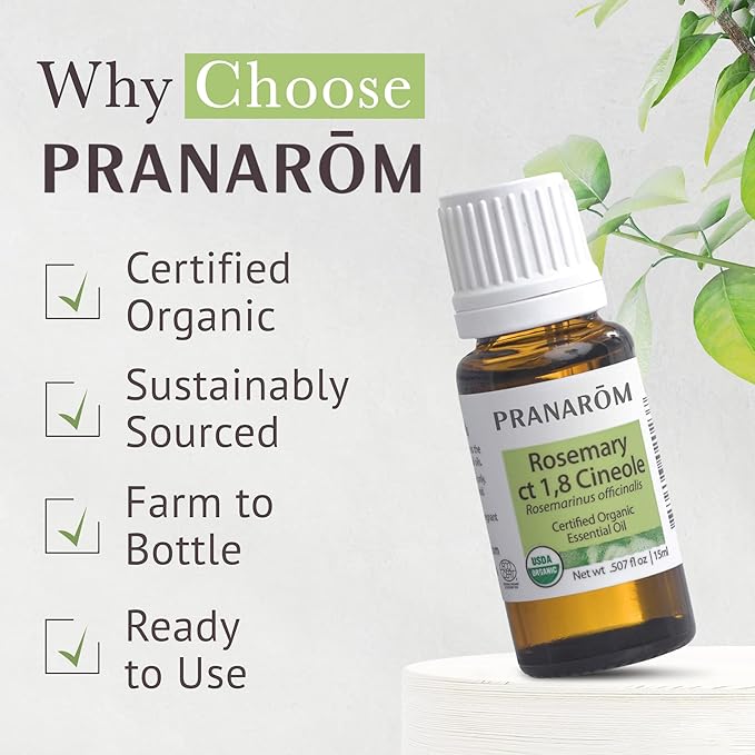 Pranarom USDA Certified Organic Rosemary Cineole Essential Oil (15ml), 100% Pure Undiluted Therapeutic Grade from Tunisia for Aromatherapy, Diffuser, Meditation, Massage, Relaxation-Velvo Beauty