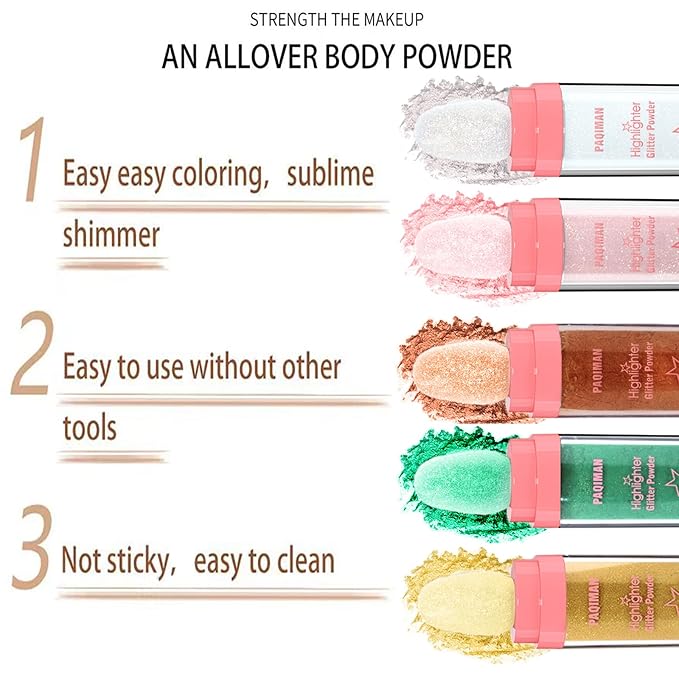 3 Colors Glitter Powder Highlighter Makeup, Body Brightens the Natural Three-Dimensional Face Blusher Fairy Highlight Patting Powder. (01#White Moonbeam/04# Green/05# Gold)-Velvo Beauty