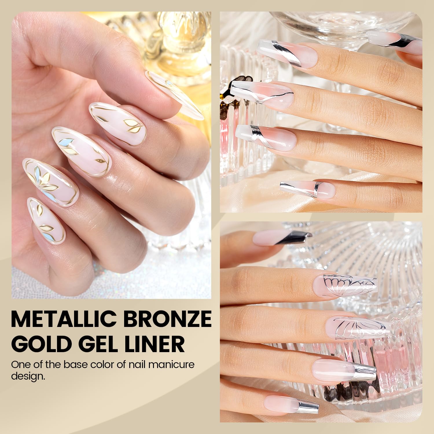 RARJSM Metallic Gel Liner Nail Art Silver Bronze Gold 2pcs Set Mirror Chrome 3D Effect Gel Nail Polish 8ml Build in Thin Brush Metal Painted Drawing Stripper Gelpolish Curing Requires for Home Salon-Velvo Beauty