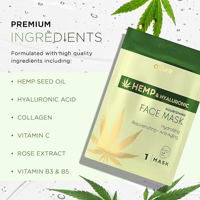 Azure Cosmetics Hemp Oil & Hyaluronic Acid Nourishing Facial Sheet - Anti Aging, Rejuvenating & Deeply Hydrating Mask - Reduces Fine Lines & Wrinkles, Locks in Moisture - Korean Skin Care - Pack of 5-Velvo Beauty