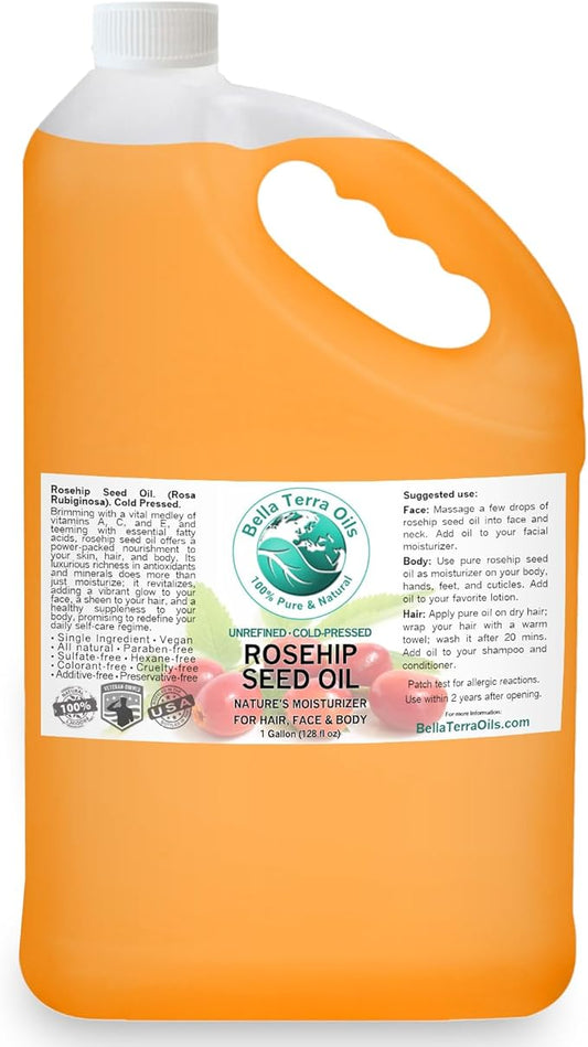 Bella Terra Oils Pure Rosehip Seed Oil – 1 gallon, Nourishing, Hydrating, Rejuvenating, Rich in Vitamins, Enhances Hair and Skin Health-Velvo Beauty