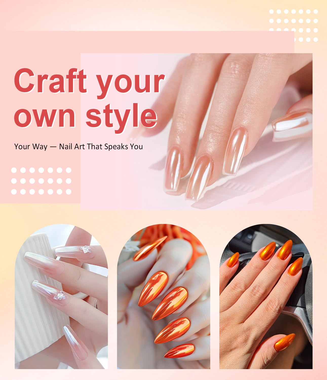 Pearl Chrome Nail Powder BISHENGYF -【Metallic Mirror Effect】 Orange Chrome Nail Powder White Clear Aurora Mermaid Iridescent Chrome Powder for Nails Pigment Glitter Dust for Manicure Decroation DIY-Velvo Beauty