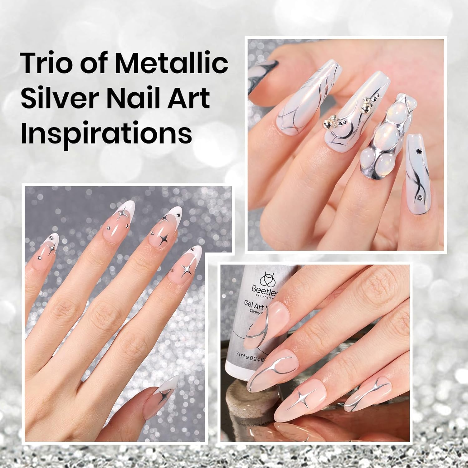 Beetles Metallic Silver Liner Gel Nail Art 7ml French Tip Gel Nail Polish 3D Mirror Chrome Effect Metal Painted Pens for Thin French Swirl Line Nail Art Polish Soak off Uv Lamp Manicure Salon-Velvo Beauty