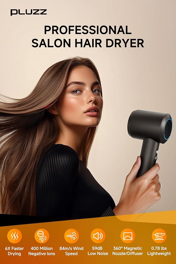 PLUZZ Professional Hair Dryer with Diffuser for Curly Hair, 400M Negative Ionic Blow Dryer for Fast Drying, 120,000 RPM High-Speed Brushless Motor, Low Noise Lightweight, Travel-Friendly, Women & Men-Velvo Beauty