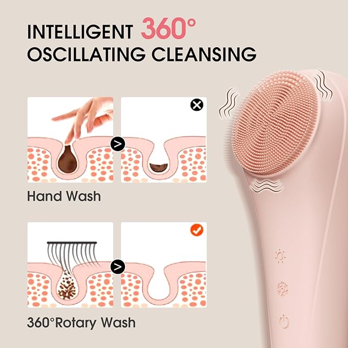 Facial Cleansing Brush,Silicone Face Scrubber,Pore Scrubber for Women Men,IPX7 Waterproof Exfoliating Face Brush,Rechargeable Electric Face Scrub,Pink-Velvo Beauty