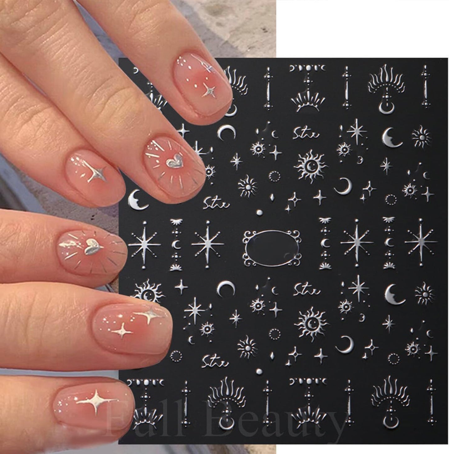 Metallic Silver Nail Art Stickers 3D Self-Adhesive Nails Stickers Bohemian Sun Moon Hexagram Butterfly Heart French Tip Decal Supplies Women DIY Silver Metal Nail Art Decoration 4Sheets-Velvo Beauty