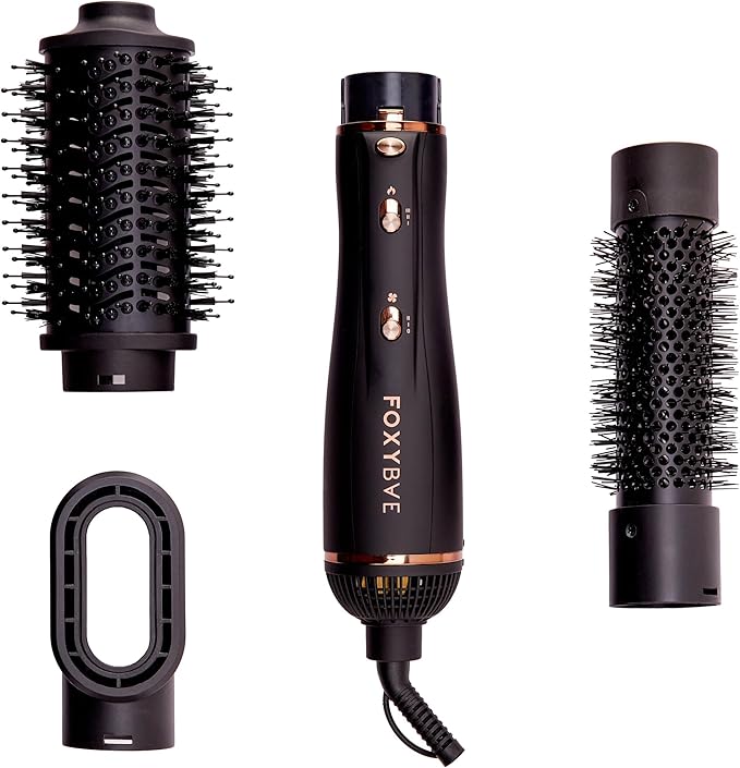 FoxyBae 3-in-1 Ceramic Interchangeable Hair Tools - Blowout Dryer - 3 Detachable Heads: 2.4" Blowout Brush, 1.5" Hot Round Brush & Drying Cylinder Hair Dryer Brush & Hair Styling Set [Black Rose-Gold]-Velvo Beauty