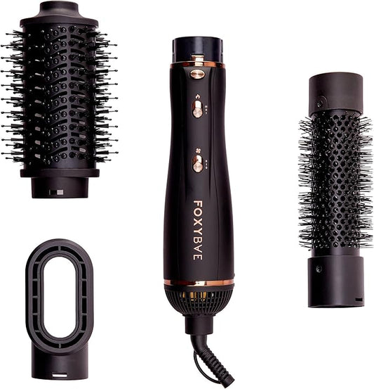 FoxyBae 3-in-1 Ceramic Interchangeable Hair Tools - Blowout Dryer - 3 Detachable Heads: 2.4" Blowout Brush, 1.5" Hot Round Brush & Drying Cylinder Hair Dryer Brush & Hair Styling Set [Black Rose-Gold]-Velvo Beauty