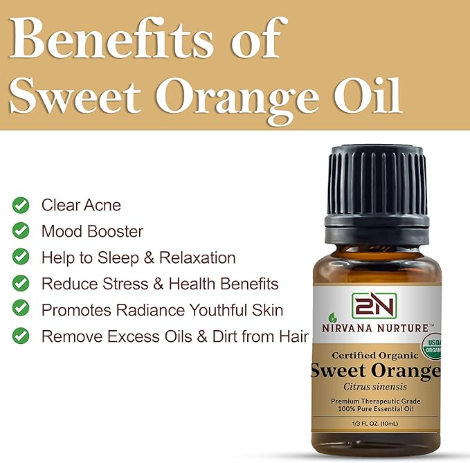 Sweet Orange Essential Oil USDA Certified Organic 100% Pure Premium Therapeutic Grade, Undiluted - Aromatherapy Diffuser for Calm and Relaxation, Skin Care, Hair Care-Velvo Beauty