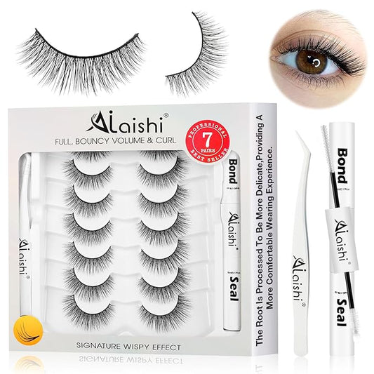 Wispy False Eyelashes Kit With Bond, Seal and Tweezer, 7 Pairs Natural Look Fake Cat Eye Lashes Strips Thin Band Extensions Waterproof Easy Eyelashes for Beginners RQ46-Velvo Beauty