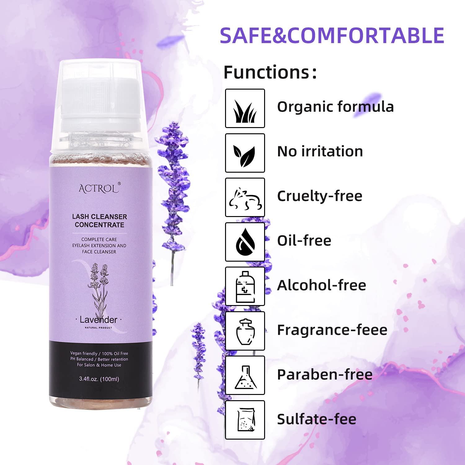 Eyelash Shampoo Concentrate 100ml Lash Extensions Cleanser Concentrate Lavender Foaming Shampoo Paraben & Sulfate Free Wash for Extensions Lashes with Salon Home Care-Makes 60ml Bottles-Velvo Beauty