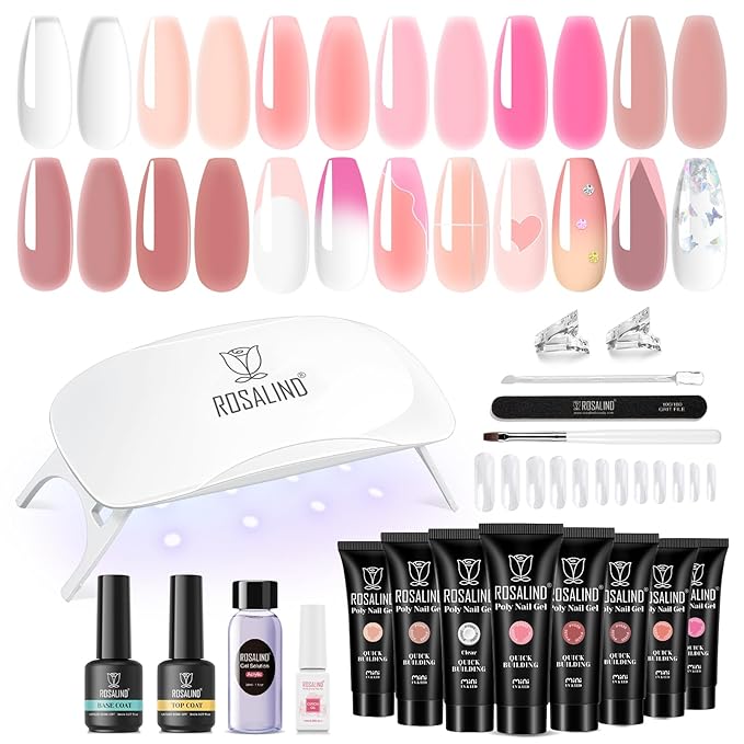 ROSALIND 8PCS Poly Nail Gel Kit with Mini Nail Lamp Clear Nude Purple Brown Poly Extension Gel Kit Mini Starter Kit-Velvo Beauty