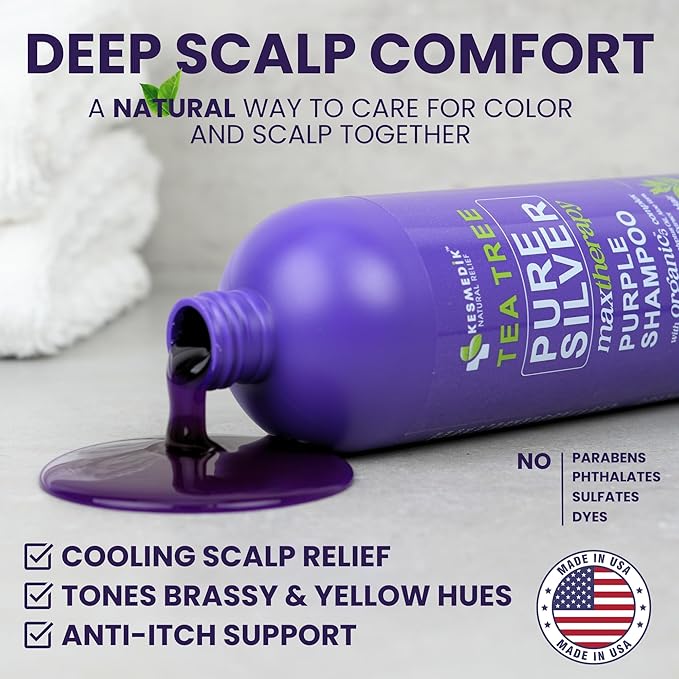 Tea Tree Purple Shampoo for Blonde, Bleached, Silver & Grey Hair, Anti-Brass Toner, Boosts Highlights & Color, Revitalizes, Relieves Itchy Scalp & Salon-Grade Hair Toner Shampoo.-Velvo Beauty