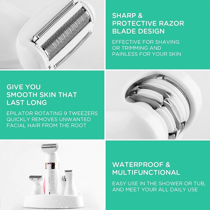 VOYOR Electric Shaver for Women Bikini Trimmer Hair Remover for Face Body, 5 in 1 Groomer Kit Lady Shaver Bikini Razor Women for Hair Trimmer, Cordless Rechargeable Waterproof ES500-Velvo Beauty