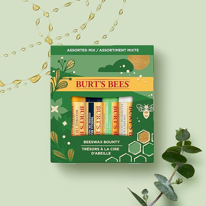 Burt's Bees Holiday Gift, 4 Lip Balms Stocking Stuffer, Assorted Mix Set, Classic Beeswax, Vanilla, Cucumber Mint & Coconut And Pear-Velvo Beauty