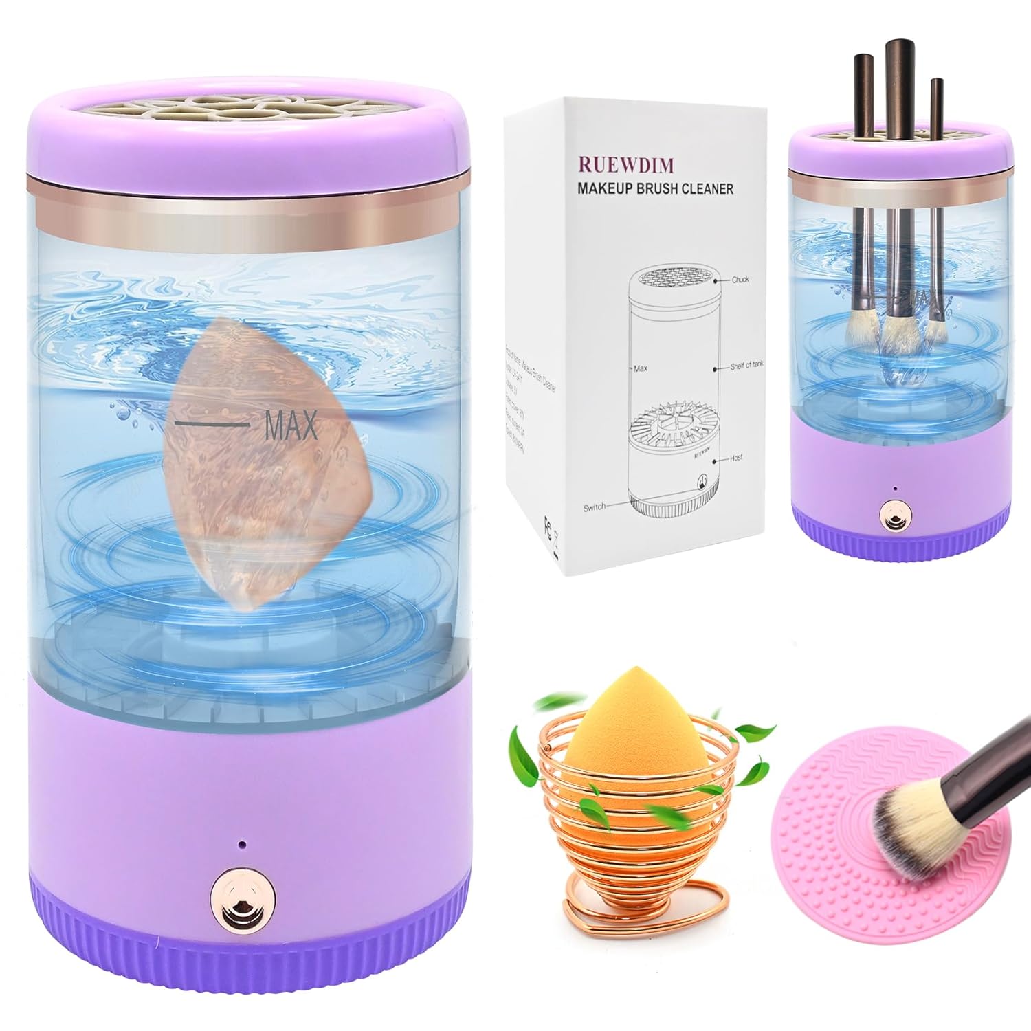 Makeup Brush Cleaner,Low noise and 8000 RPM Electric Makeup Brush Cleaner Machine for Deep Cleaning,Automatic Spinning Cosmetic Brush Cleaner for All Size Makeup Brushes and Sponges(purple)-Velvo Beauty