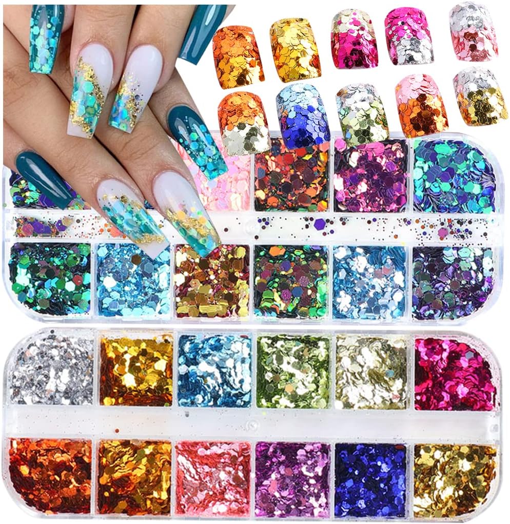 2 Boxes 24 Colors Chameleon Holographic Glitter Mermaid Nail Art Sequins 3D Flakes Laser Gradient Nail Glitter Design Shiny Glitters Powder Accessories for Women Manicure DIY Decorations-Velvo Beauty