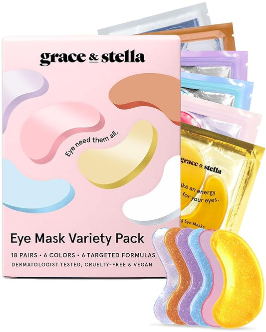 grace & stella Under Eye Mask Variety Pack - 18 Pairs of Under Eye Patches for Dark Circles - With 6 Colors (3 Pairs/Color) - Gel Masks Puffy Eyes for Women - Vegan Cruelty Free Bridesmaid Gifts-Velvo Beauty