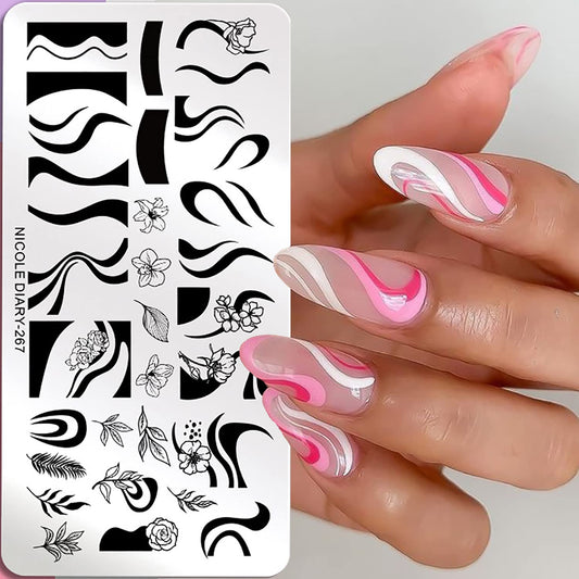 Nail Stamping Plates French Wavy Striped Tip Leaf Nail Stamp Templates Stainless Polish Gel Template Nail Design Stencil Tools （1 Pcs）-Velvo Beauty
