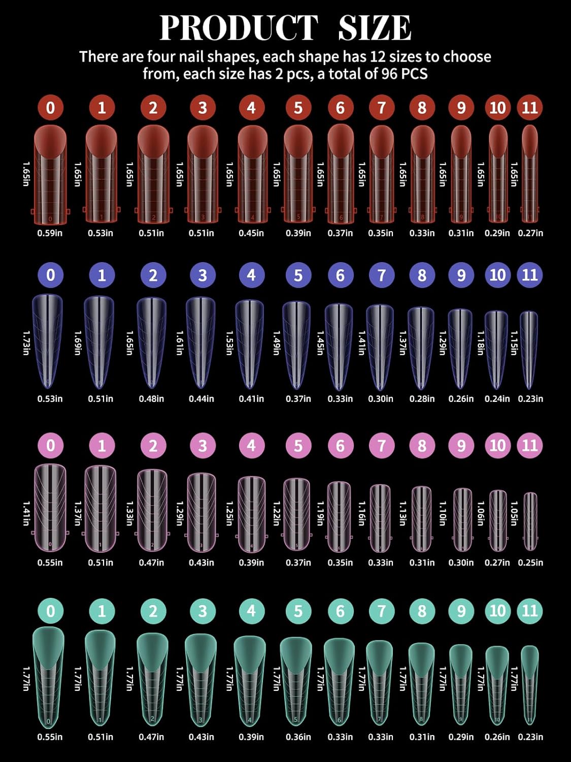 EBANKU Dual Nail Forms for Poly Extension Gel, 96 PCS Colorful Nail Molds Reusable Nail Extension Forms for Builder Gel Manicure Design Salon DIY-12 Sizes-Velvo Beauty