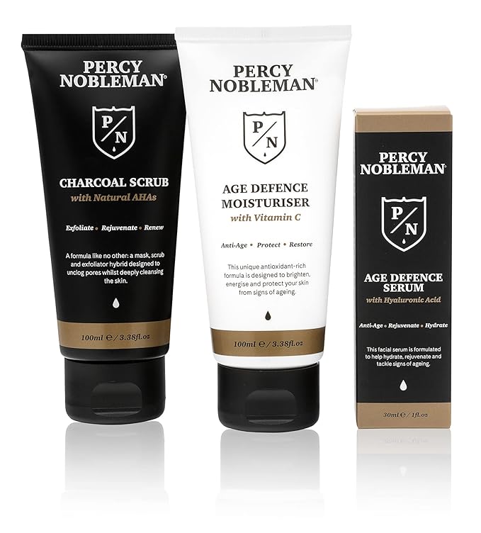 Percy Nobleman Age Defence Kit, a men's skincare set containing Charcoal Face Scrub (with Natural AHAs), ultra-hydrating Facial Serum (with Hyaluronic Acid), and Moisturiser (with Vitamin C)-Velvo Beauty