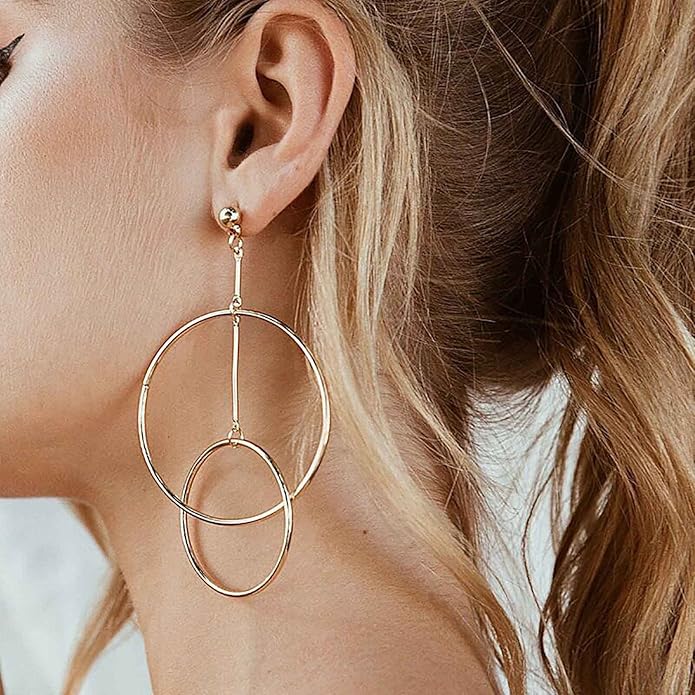 Vintage Hollow Circle Dangle Earrings Exaggerated Circle Drop Earrings Large Circle Hoop Earrings Gold Bar Earrings Jewelry for Women-Velvo Beauty