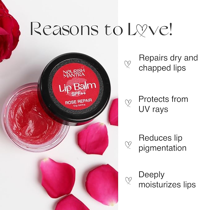 Nourish Mantra Rose Repair Lip Balm with SPF | Made with Rose Extracts, Olive oil, Shea Butter, Vitamin E & Avocado Oil | For Dry, Chapped and Dark Lips | Best for Both Women and Men | 12g-Velvo Beauty