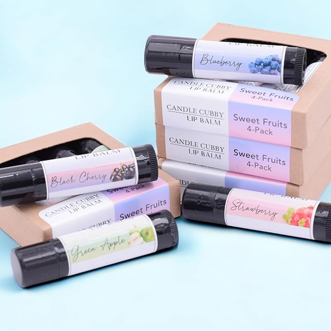 Lip Balm Sweet Fruits 4-Pack, Strawberry Blueberry Black Cherry Green Apple, Natural Beeswax, Moisturizing Lip Treatment, 4 Tubes, 0.15 oz., White-Velvo Beauty