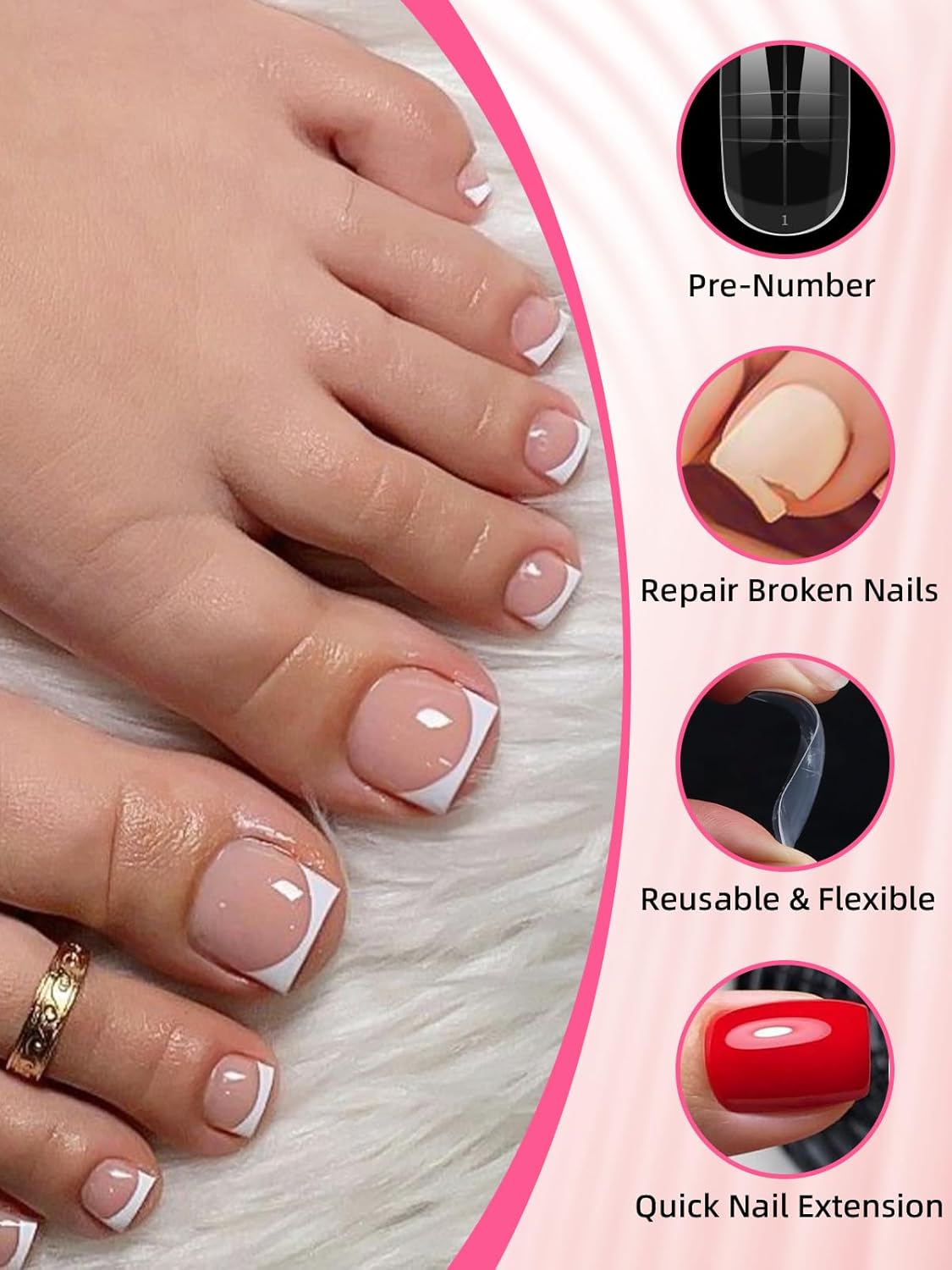 EBANKU Poly Gel Nail Forms Kit for Toes - 150PCS Reusable Dual Toenail Forms for Builder Gel, Toe Nail Kit with 2.5oz Slip Solution, Brush, File, 5PCS Clips - 15 Sizes-Velvo Beauty