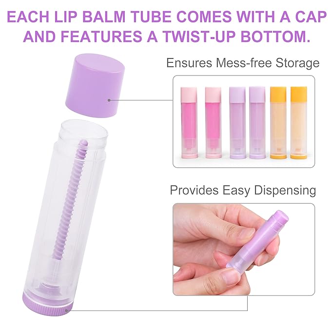 LotFancy Lip Balm Tubes Empty, 60PCS 5.5ml (3/16 Oz), Clear Lip Balm Container Tubes with Purple Caps, BPA Free & Leak Free, Refillable-Velvo Beauty