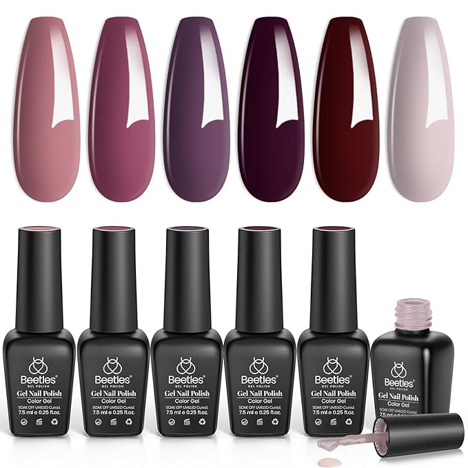 Beetles Purple Gel Nail Polish Set, Fall Burgundy Red Dark Purple Rose Petals Color Soak Off UV Light Cure Gel Polish Nail Art Design Gifts for Women-Velvo Beauty