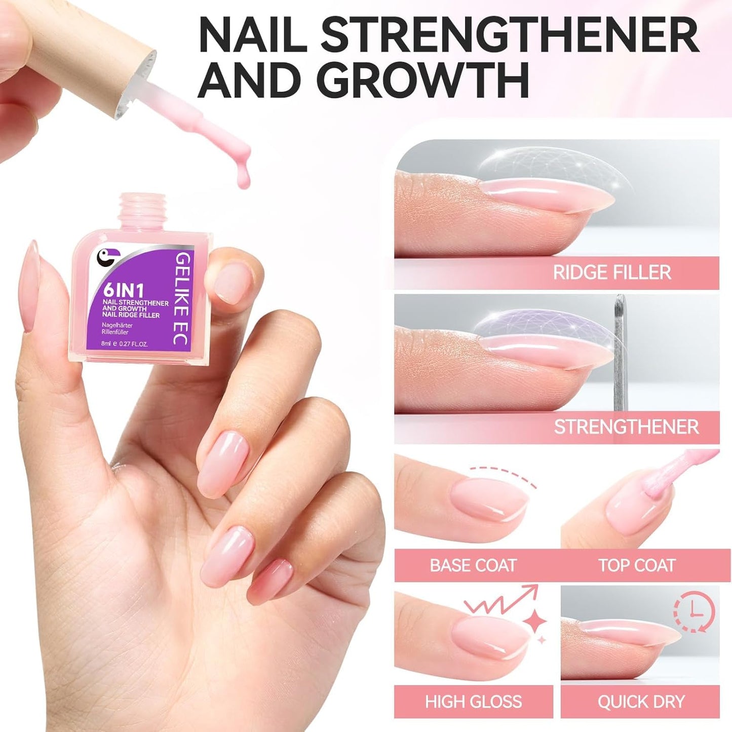 Nail Repair for Damaged NailsProtein: Pink 6 in 1 Natural Nail Strengthener and Growth - Long Lasting Nail Hardener Extra Strong and Growth - Nail Strengthener for Thin Nails and Growth-Velvo Beauty