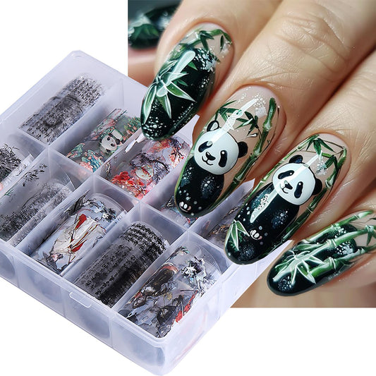 10 Rolls Nail Foils Transfer Nail Art, Chinese Style Nail Foil Transfer Stickers Self Adhesive Nail Art Supplies Decals Cute Panda Manicure Accessories Fall Winter Nail Decorations for Women-Velvo Beauty