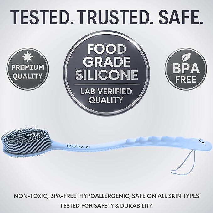 Avilana Silicone Body Scrubber – Gentle Shower Brush & Loofah Alternative- Food Grade & Lab Tested – Fast-Drying, Hygienic, BPA-Free Silicone Body Gentle Exfoliator (Blue, Long Handle)-Velvo Beauty