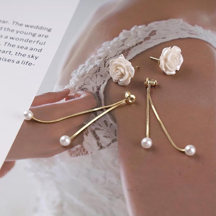Vintage Flower Pearl Drop Earrings Long Tassel Pearl Earrings White Camellia Stud Earring Gold Pearl Chain Dangle Earrings Jewelry for Women-Velvo Beauty