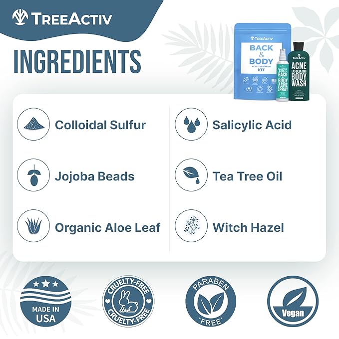 TreeActiv 90-Day Body Acne Treatment Kit, Salicylic Acid Acne Body Spray, Exfoliating Body Acne Wash, Body Acne Treatment for Back, Chest and Butt Acne Removal, Back Acne Treatment For Women and Men-Velvo Beauty