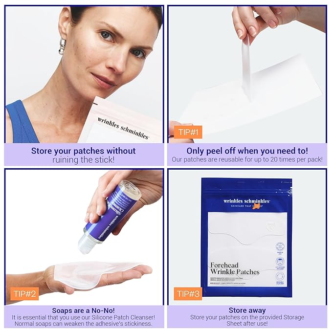 Wrinkles Schminkles Forehead Wrinkle Patches, 2-Pack, Reusable Hypoallergenic Silicone Smoothing Pads + Silicone Patch Cleanser 2 oz, Clean Silicone Patches Without Breaking Down The Adhesive-Velvo Beauty