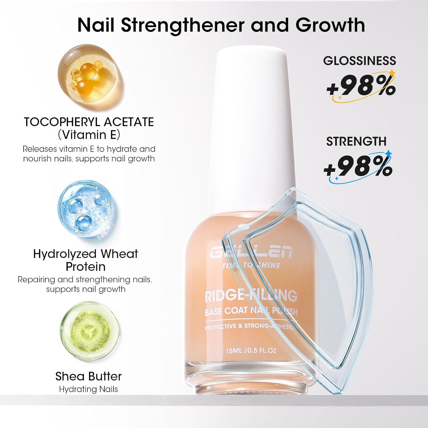 GELLEN Clear Nail Polish Ridge Filling Base Coat, Nail Strengthener and Growth, Ridge Filler For Nails, Hydrate Strengthen Nourish Damaged Dry Natural Nails, Shea Butter & Vitamin E & Protein Formula-Velvo Beauty
