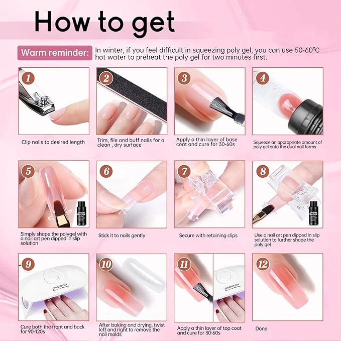 JEWHITENY Poly Extension Gel Nail Kit 14 PCS Poly Gel Kit with Slip Solution and Mini Lamp Nail Art Design Beginner-Velvo Beauty