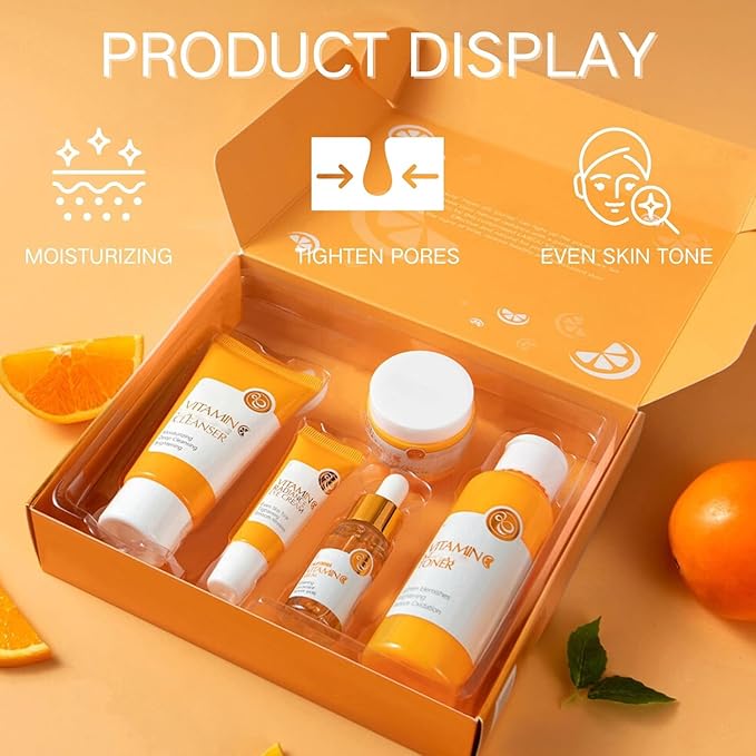Vitamin C Skincare Set, 5Pcs Skincare Gift Set With Cleanser, Toner, Face Serum, Face Cream, And Eye Cream, Facial Kit for Women, 5-In-1 Skin care Gift Set, Moisturizing Skincare Set For Women Men-Velvo Beauty